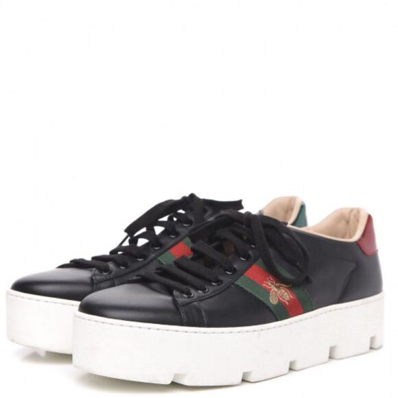 Gucci Ace Web Gold Bee Black Leather White Platform Sneaker - Picture 1 of 7